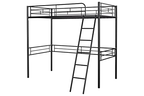 HomSof Twin Loft Metal Heavy Duty High Bunk Bed with Safety Guard Rails and Ladder, No Box Spring Needed, Black