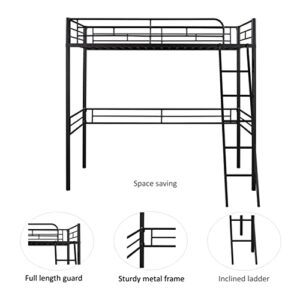 HomSof Twin Loft Metal Heavy Duty High Bunk Bed with Safety Guard Rails and Ladder, No Box Spring Needed, Black