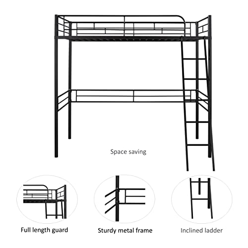 HomSof Twin Loft Metal Heavy Duty High Bunk Bed with Safety Guard Rails and Ladder, No Box Spring Needed, Black