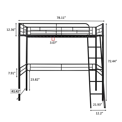 HomSof Twin Loft Metal Heavy Duty High Bunk Bed with Safety Guard Rails and Ladder, No Box Spring Needed, Black