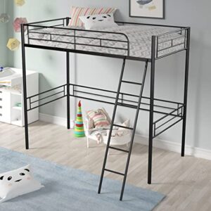 HomSof Twin Loft Metal Heavy Duty High Bunk Bed with Safety Guard Rails and Ladder, No Box Spring Needed, Black