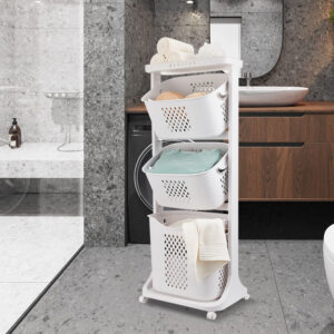 Laundry Basket,3 Tier Storage Shelf with Wheels Removable PP Storage Basket Freestanding Clothes Hamper Organizer Dirty Clothes Bag for Bathroom Living Room Bedroom