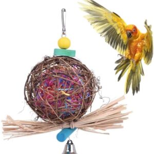 Bird Chew Toy Natural Rattan Ball Come with Paper Strips for Parrot Cockatoo African Grey Macaw Eclectus Amazon Parakeet Cockatiel Conure Budgie Lovebird Finch Cage