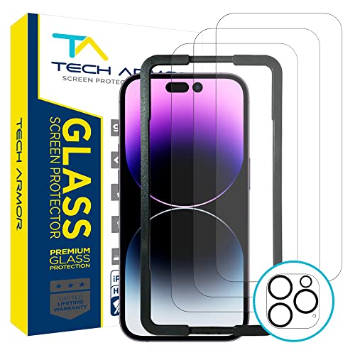 Tech Armor 3 Pack Screen Protector + 1 Camera Lens Protector for iPhone 14 Pro 6.1 inch - Ballistic Tempered Glass, Case Friendly, Dynamic Island Compatible, Sensor Protection, HD, 9H Hardness