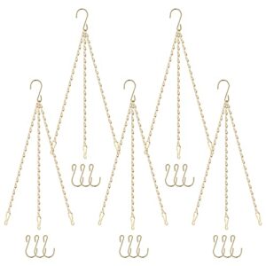 rifny 5 sets gold hanging basket chain, 20 inch heavy duty brass decorative chains for hanging plants, indoor outdoor replacement hanging chain with hooks for planters flower pots lantern bird feeder