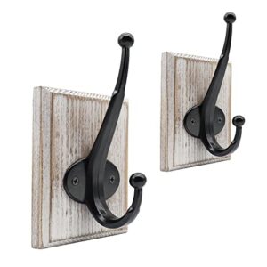 lomuke towel hooks for bathroom wall mounted, 2 pack farmhouse rustic wall hooks for hanging coat robe hat keys, heavy duty wood black hooks for entryway kitchen bedroom decorative (weathered white)