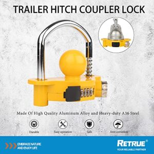 RETRUE Universal Coupler Lock Trailer Locks Ball Hitch Trailer Hitch Lock Adjustable Security Heavy-Duty Steel fits 1-7/8 Inch, 2 Inch, 2-5/16 Inch Couplers, Yellow, Combination Lock,No Key Needed