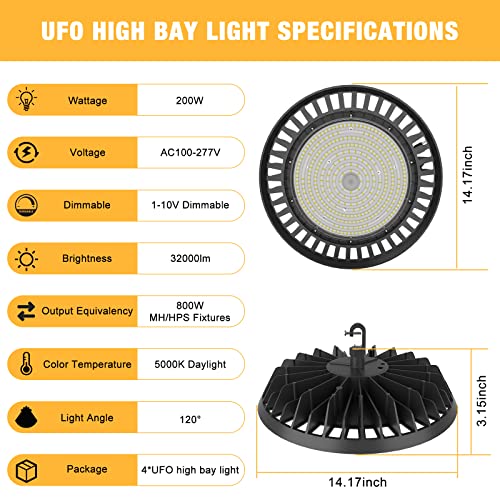 UFO LED High Bay Light 200W 4 Packs, JC-LGL High Bay LED Lights 32,000LM (160LM/W) 1-10V Dimmable, 5' Cable with Plug, Hanging Hook, Safe Rope, ETL Listed High Bay Light for Factory Warehouse Workshop