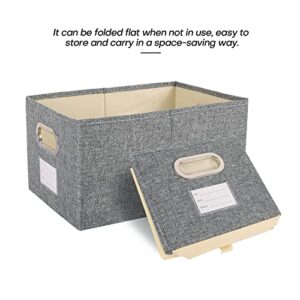 LaMorée Storage Bin Cotton Linen Fabric Basket Box Washable Foldable Decorative Rectangular Container with Handles Label Window Thick PP Plastic Board For Nursery Home Office - Solid Gray, Medium Size