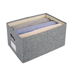 LaMorée Storage Bin Cotton Linen Fabric Basket Box Washable Foldable Decorative Rectangular Container with Handles Label Window Thick PP Plastic Board For Nursery Home Office - Solid Gray, Medium Size