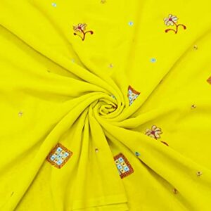 Peegli Indian Vintage Yellow Dress Material Georgette Recycled Fabric Embroidered DIY Craft Used Textile