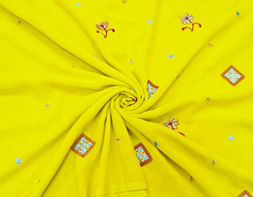 Peegli Indian Vintage Yellow Dress Material Georgette Recycled Fabric Embroidered DIY Craft Used Textile