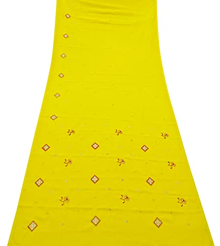 Peegli Indian Vintage Yellow Dress Material Georgette Recycled Fabric Embroidered DIY Craft Used Textile