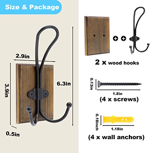TEGUEPS Wall Hooks for Hanging, 2 Pack Farmhouse Towel Hooks for Bathrooms Wall Mounted, Heavy Duty Rustic Decorative Wood Coat Hooks Hanging Keys Robe Hat for Bedroom, Kitchen,(Weathered Brown)
