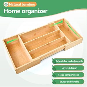 Expandbale Bamboo Countertop Organizer Bin，Counter And Pantry Organization For Kitchen, Bathroom And Dining Room，1 Pack，Natural Color