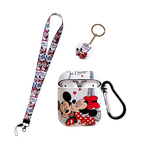 AirPods Case Fancy with Mickey and Minnie Lanyard Keychain ，Personalised Anime Kiss Designed and Unique IMD Process TPU Soft AirPods 1&2 Case