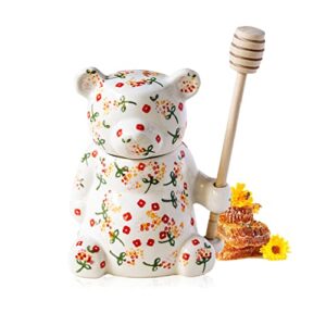 ceramic vintage bear honey jar retro floral storage pot decorative pot with wooden dipper,10.1oz viscous liquid storage pot with lid
