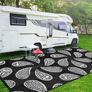 onme outdoor rug rv mat recycled 9x18ft reversible mats with 8 corner loops for outdoors, patio, backyard, deck, picnic, beach, 8 stakes and carry bag included (black and white paisley)