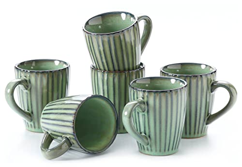 LAUCHUH Coffee Mug Set, Porcelain Fluted Mug 12 Oz Coffee Mugs with Large Handle for Coffee, Tea, Milk, Cocoa, Cereal, Father Day Gifts, Green Framhouse Style for Christmas, Set of 6