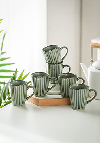 LAUCHUH Coffee Mug Set, Porcelain Fluted Mug 12 Oz Coffee Mugs with Large Handle for Coffee, Tea, Milk, Cocoa, Cereal, Father Day Gifts, Green Framhouse Style for Christmas, Set of 6