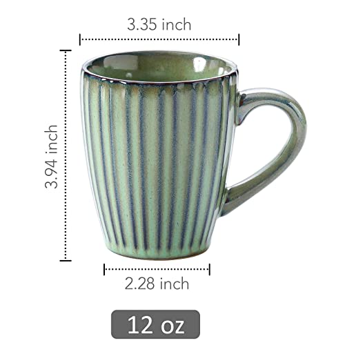 LAUCHUH Coffee Mug Set, Porcelain Fluted Mug 12 Oz Coffee Mugs with Large Handle for Coffee, Tea, Milk, Cocoa, Cereal, Father Day Gifts, Green Framhouse Style for Christmas, Set of 6