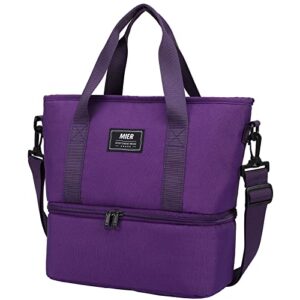 mier dual compartment lunch bag for women insulated lunch box, small lunch tote with shoulder strap for work, purple