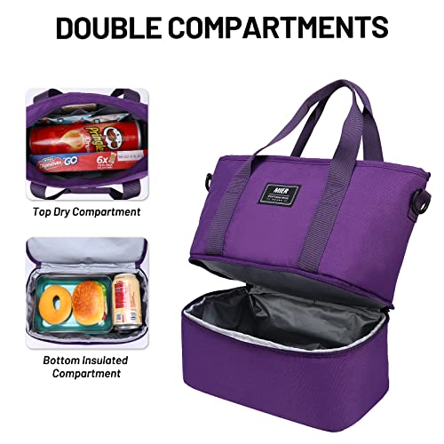 MIER Dual Compartment Lunch Bag for Women Insulated Lunch Box, Small Lunch Tote with Shoulder Strap for Work, Purple