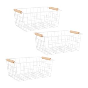 fvstar 3pcs wire white baskets with wooden handles,metal storage organizer bins,household refrigerator basket for cabinets,pantry,shelf,countertop,closets,bedrooms,kitchen