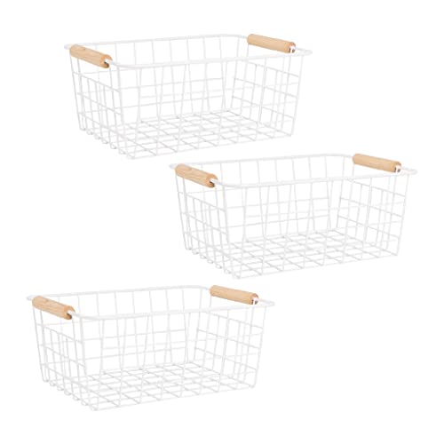 Fvstar 3pcs Wire White Baskets with Wooden Handles,Metal Storage Organizer Bins,Household Refrigerator Basket for Cabinets,Pantry,Shelf,Countertop,Closets,Bedrooms,kitchen