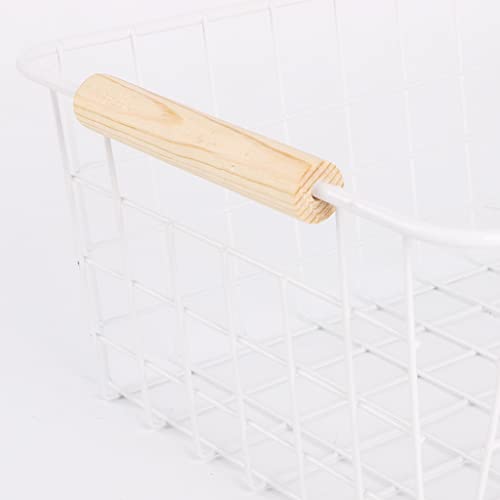 Fvstar 3pcs Wire White Baskets with Wooden Handles,Metal Storage Organizer Bins,Household Refrigerator Basket for Cabinets,Pantry,Shelf,Countertop,Closets,Bedrooms,kitchen
