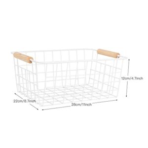 Fvstar 3pcs Wire White Baskets with Wooden Handles,Metal Storage Organizer Bins,Household Refrigerator Basket for Cabinets,Pantry,Shelf,Countertop,Closets,Bedrooms,kitchen