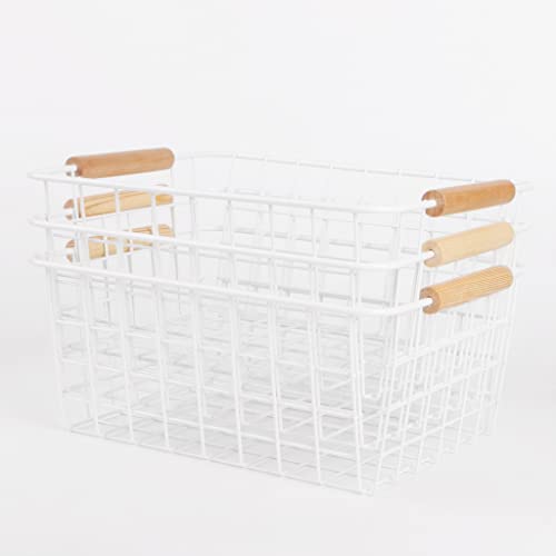 Fvstar 3pcs Wire White Baskets with Wooden Handles,Metal Storage Organizer Bins,Household Refrigerator Basket for Cabinets,Pantry,Shelf,Countertop,Closets,Bedrooms,kitchen