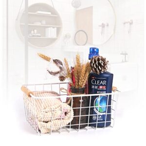 Fvstar 3pcs Wire White Baskets with Wooden Handles,Metal Storage Organizer Bins,Household Refrigerator Basket for Cabinets,Pantry,Shelf,Countertop,Closets,Bedrooms,kitchen