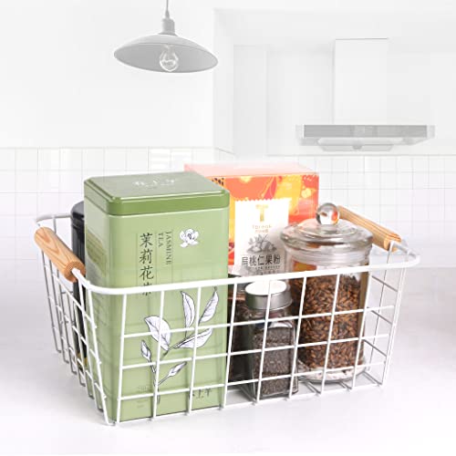 Fvstar 3pcs Wire White Baskets with Wooden Handles,Metal Storage Organizer Bins,Household Refrigerator Basket for Cabinets,Pantry,Shelf,Countertop,Closets,Bedrooms,kitchen