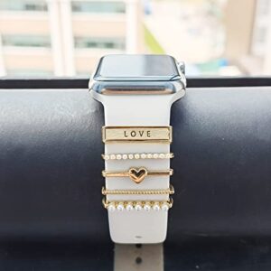 5Pcs Charms for Apple Watch band 41mm 45mm 40mm 44mm 38mm 42mm Women,Diamond+Metal Jewelry Decorative Ring Loops For iWatch series 8 7 6 5 4 3 2 se,Galaxy watch 5/4,Silicone strap Charm Accessories