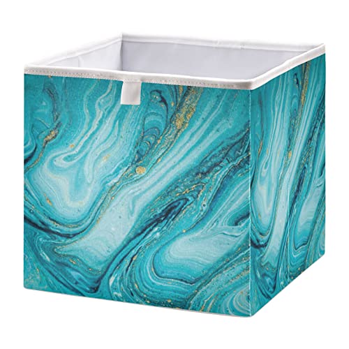 xigua Turquoise Marble Cube Storage Bin Large Collapsible Storage Basket Toys Clothes Organizer Box for Shelf Closet Bedroom Home Office, 11 x 11 x 11 Inch