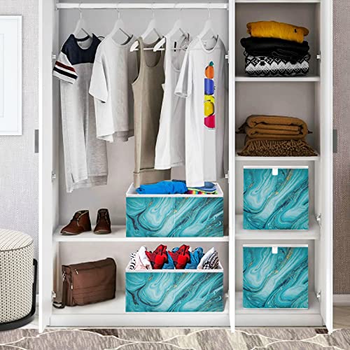 xigua Turquoise Marble Cube Storage Bin Large Collapsible Storage Basket Toys Clothes Organizer Box for Shelf Closet Bedroom Home Office, 11 x 11 x 11 Inch