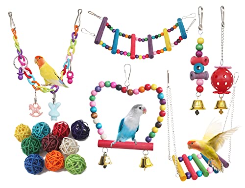 MEWCOOSS 16 PCS Bird Parakeet Toys-Colorful Birds Parrot Swing Chewing Toys-Bird Cage Toys for Parakeets, Conure, Cockatiel, Love Birds and Other Small Birds