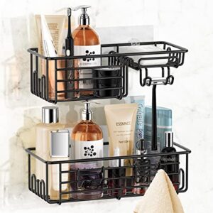 Shower Caddy Shelf Organizer Storage: 2 Pack Adhesive Wall Shampoo Holder with Soap Holder and Hooks, Stainless Steel Rustproof Shower Shelf for Inside Shower Bathroom Basket, No Drilling - Black