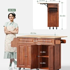 Qsun Kitchen Island with Drop Leaf and Storage, on Wheels Two Drawers, Large Storage Cabinet, Towel Rack Spice Cart Brown