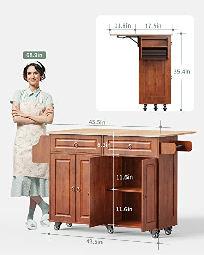 Qsun Kitchen Island with Drop Leaf and Storage, on Wheels Two Drawers, Large Storage Cabinet, Towel Rack Spice Cart Brown