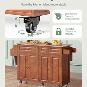 Qsun Kitchen Island with Drop Leaf and Storage, on Wheels Two Drawers, Large Storage Cabinet, Towel Rack Spice Cart Brown