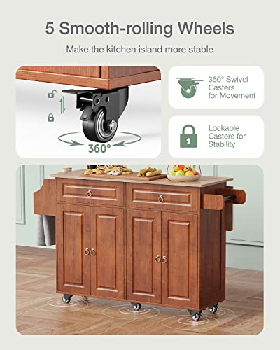 Qsun Kitchen Island with Drop Leaf and Storage, on Wheels Two Drawers, Large Storage Cabinet, Towel Rack Spice Cart Brown