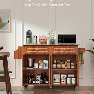 Qsun Kitchen Island with Drop Leaf and Storage, on Wheels Two Drawers, Large Storage Cabinet, Towel Rack Spice Cart Brown