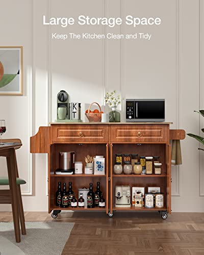 Qsun Kitchen Island with Drop Leaf and Storage, on Wheels Two Drawers, Large Storage Cabinet, Towel Rack Spice Cart Brown