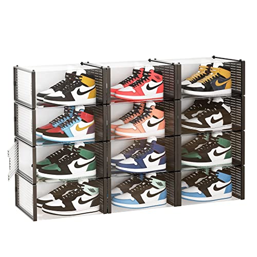 AOTENG STAR Clear Shoe Boxes Plastic Stackable,Shoe Storage Box Closet Shoes Organizer Display Case,12 PACK Breathable Foldable Shoe Containers with Lids,Real Clear Storage Box for Men Women's