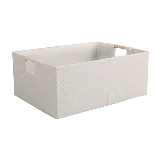 LaMorée Fabric Storage Bin Box Foldable Cotton Linen Storage Basket with Wooden Handles Rectangular Cube Decorative Home Nursery Laundry Organizer Clothes Blanket Container – Beige, Large