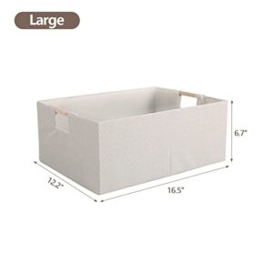 LaMorée Fabric Storage Bin Box Foldable Cotton Linen Storage Basket with Wooden Handles Rectangular Cube Decorative Home Nursery Laundry Organizer Clothes Blanket Container – Beige, Large