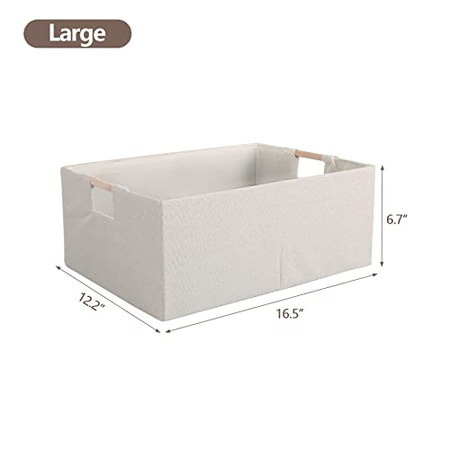 LaMorée Fabric Storage Bin Box Foldable Cotton Linen Storage Basket with Wooden Handles Rectangular Cube Decorative Home Nursery Laundry Organizer Clothes Blanket Container – Beige, Large