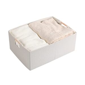 LaMorée Fabric Storage Bin Box Foldable Cotton Linen Storage Basket with Wooden Handles Rectangular Cube Decorative Home Nursery Laundry Organizer Clothes Blanket Container – Beige, Large